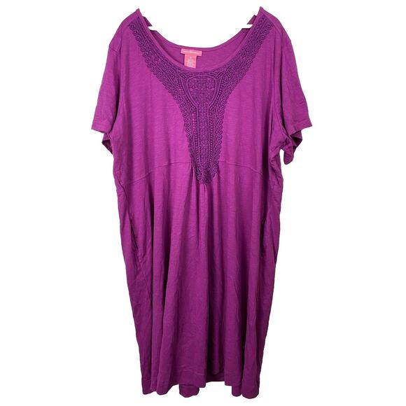 Woman Within Purple Dress Lace Accent Size 3X Relaxed Midi Pockets Summer Boho - Picture 1 of 8